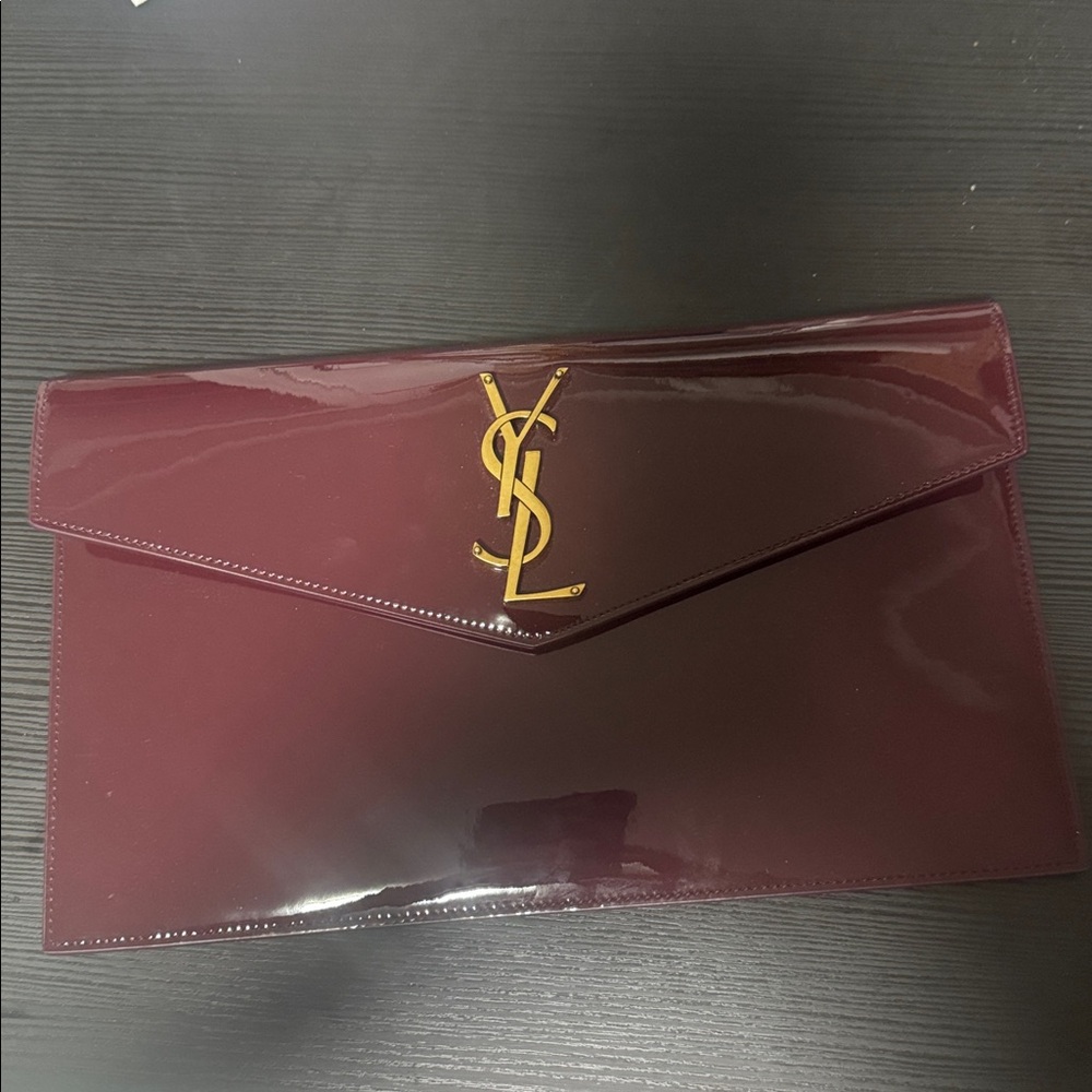 authentic Saint Laurent Deep Red Patent Leather Clutch